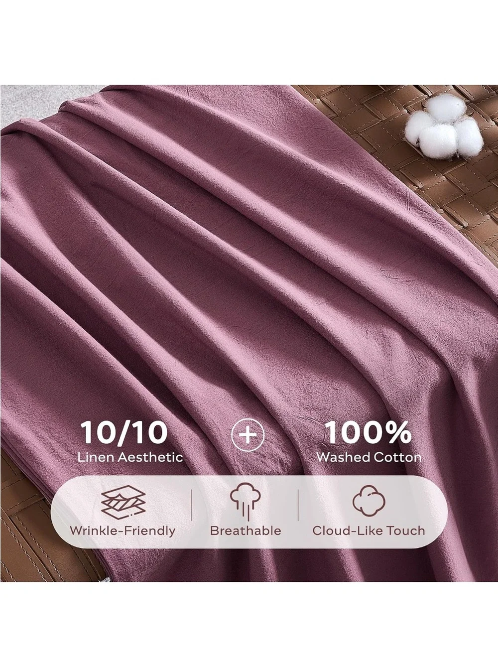 NEW JELLYMONI 100% Washed Cotton Deep Rose Duvet Cover Set, Linen-Like. Twin